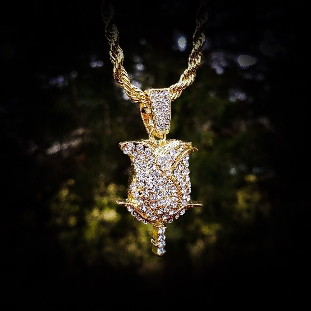 Gold Iced out Hip Hop Rose Necklace